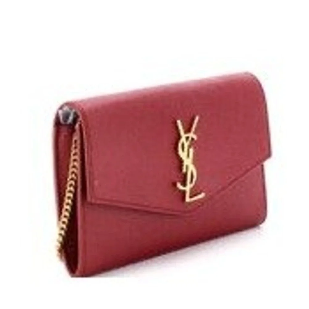 Saint Laurent Uptown Chain Wallet Red Grain De Poudre WOC + Card Holder Gold HW